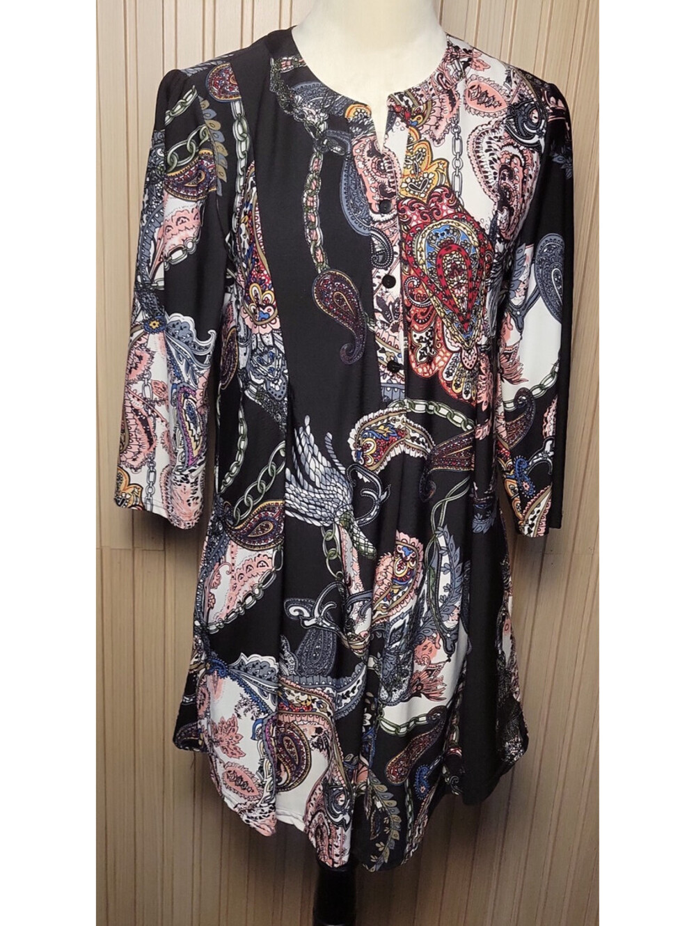 R&B Collection Women's Paisley Chain Tunic Dress Black Pink 3/4 Sleeve Medium
